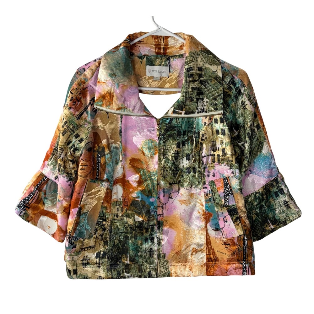 Erin London Paris Art Print Zip Up Jacket Petite Small Multi Color Jacquard